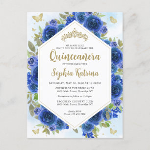 Modern Girly Royal Blue Floral Gold Quinceañera Postcard