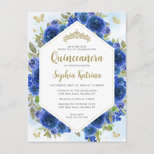Modern Girly Royal Blue Floral Gold Quinceañera Postcard (Front)