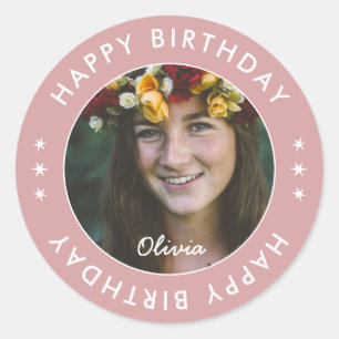 Modern Girly Script Elegant Pink Birthday Photo Classic Round Sticker