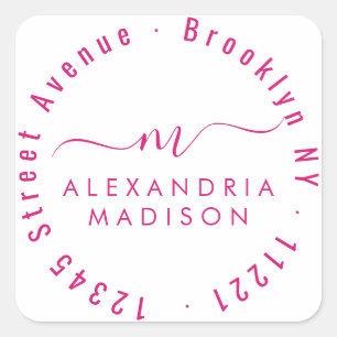 Modern Girly Script Monogram Address Magenta Pink Square Sticker