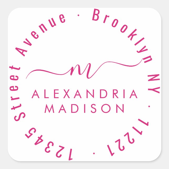 Modern Girly Script Monogram Address Magenta Pink Square Sticker (Front)