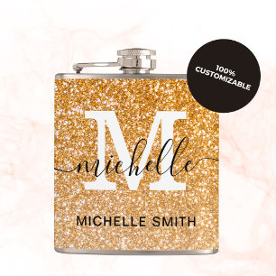Modern Girly Shiny Gold Glitter Name Monogram  Hip Flask