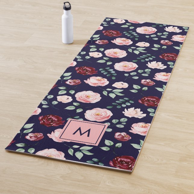 Modern Girly Stylish Monogrammed Floral Pattern Yoga Mat (In Situ)