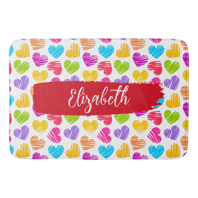 Modern Girly Vibrant Doodled Hearts Pattern Name Bath Mat (Front)