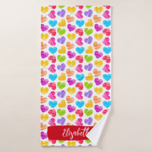 Modern Girly Vibrant Doodled Hearts Pattern Name Bath Towel