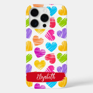 Modern Girly Vibrant Doodled Hearts Pattern Name iPhone 16 Pro Case