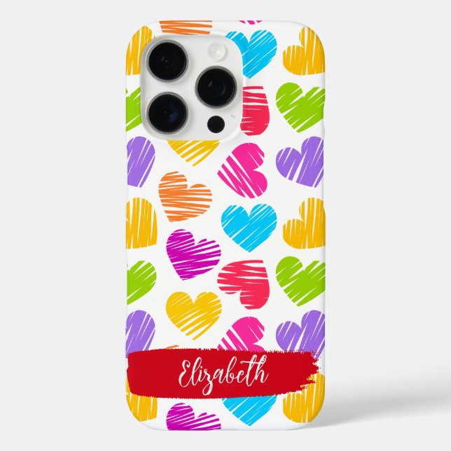 Modern Girly Vibrant Doodled Hearts Pattern Name Case-Mate iPhone Case (Back)