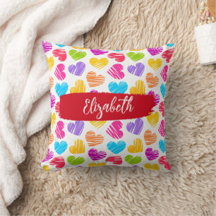 Modern Girly Vibrant Doodled Hearts Pattern Name Cushion