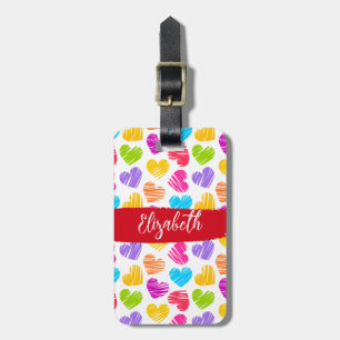 Modern Girly Vibrant Doodled Hearts Pattern Name Luggage Tag