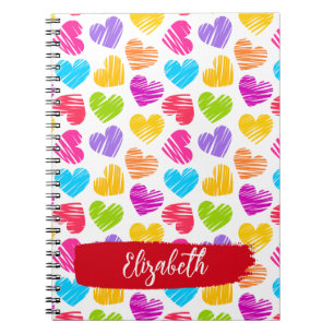 Modern Girly Vibrant Doodled Hearts Pattern Name Notebook