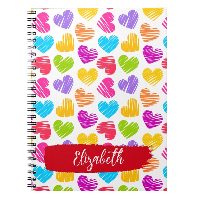 Modern Girly Vibrant Doodled Hearts Pattern Name Notebook (Front)