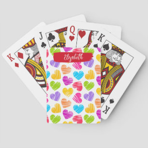Modern Girly Vibrant Doodled Hearts Pattern Name Playing Cards