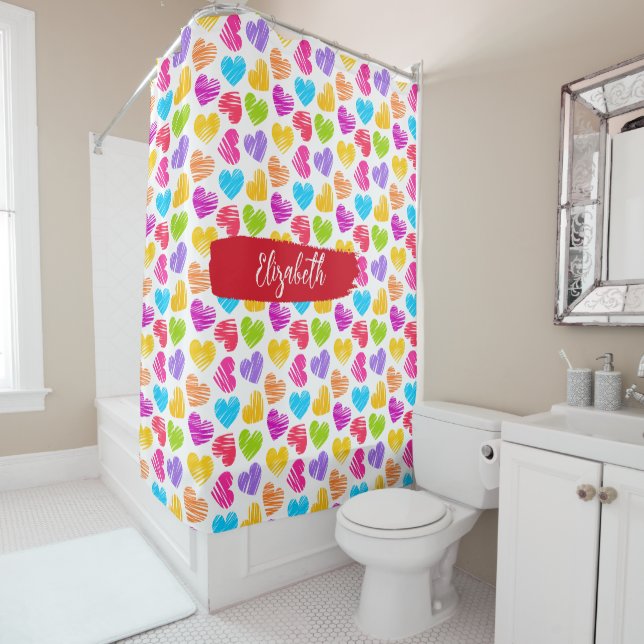 Modern Girly Vibrant Doodled Hearts Pattern Name Shower Curtain (In Situ)