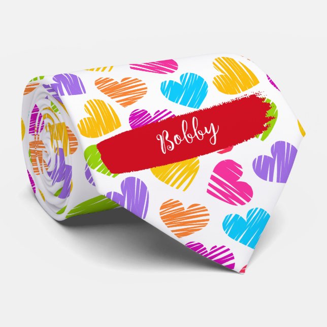 Modern Girly Vibrant Doodled Hearts Pattern Name Tie (Rolled)