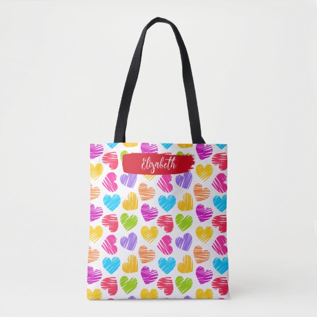 Modern Girly Vibrant Doodled Hearts Pattern Name Tote Bag (Front)