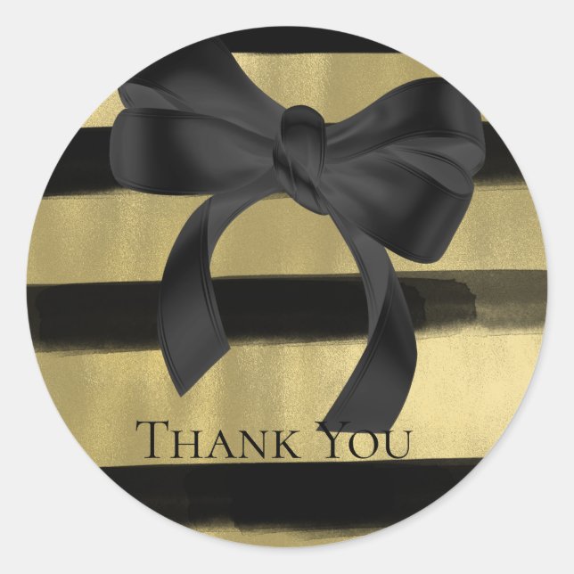 Modern Glam Black Bow Gold Paint Stroke Stripe Classic Round Sticker (Front)