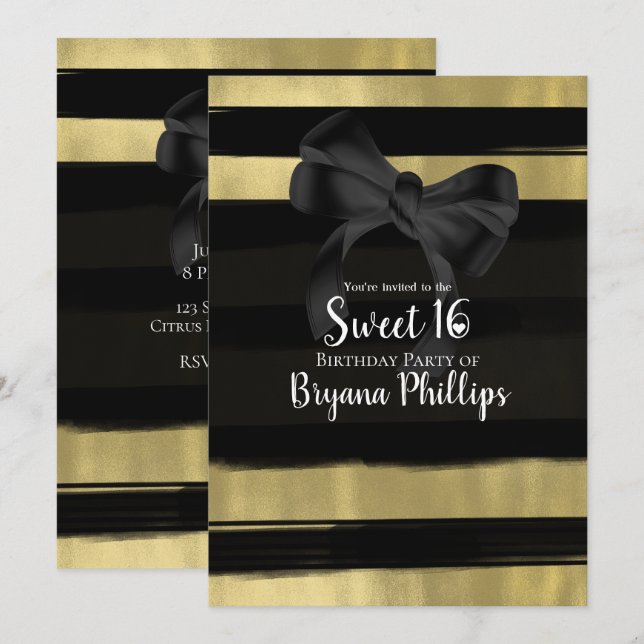 Modern Glam Black Bow Gold Paint Stroke Sweet 16 Invitation (Front/Back)