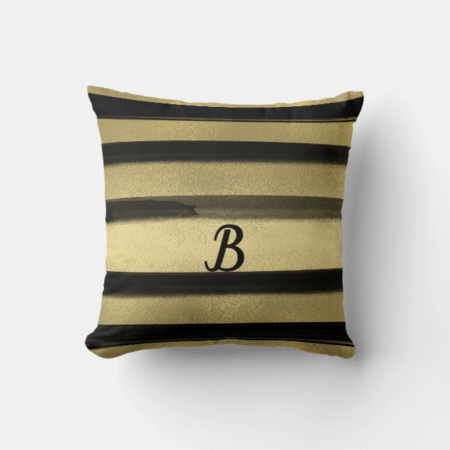 Modern Glam Black & Gold Brush Stroke Stripe Chic Cushion (Front)