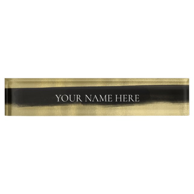 Modern Glam Black & Gold Brush Stroke Stripe Nameplate (Front)