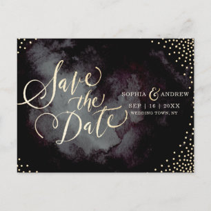 Modern glam black gold calligraphy save the date announcement postcard