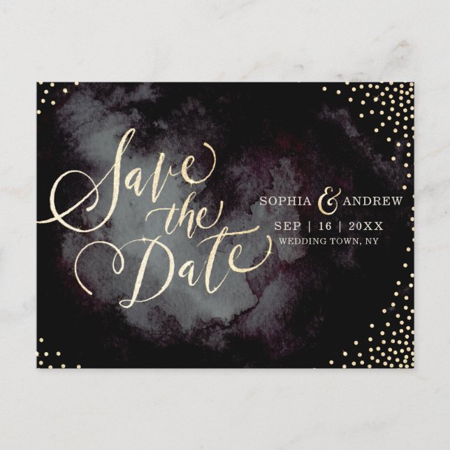 Modern glam black gold calligraphy save the date announcement postcard (Front)