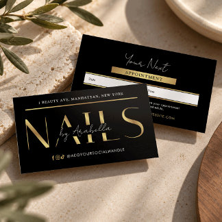 Modern Glam Black & Gold Chic Manicure Nail Salon Appointment Card