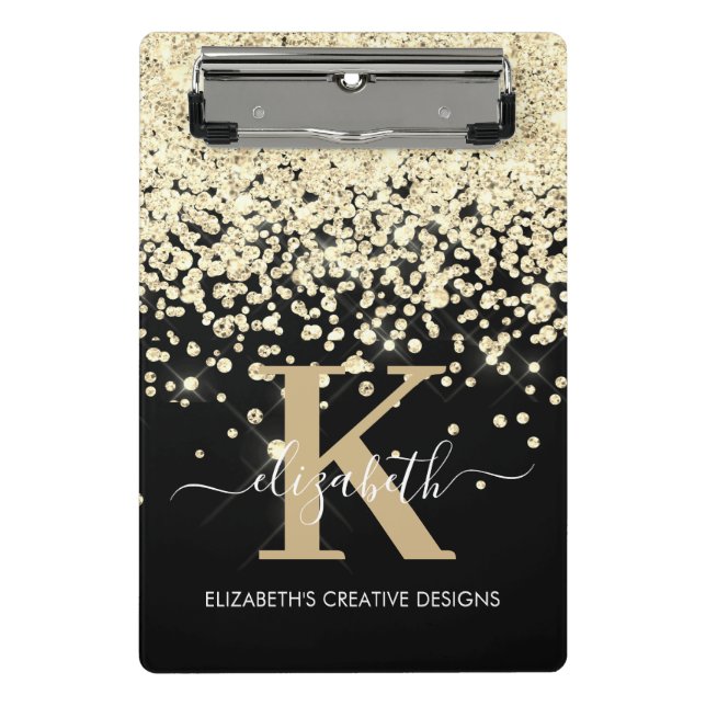 Modern Glam Black Gold Glitter Monogram Signature Mini Clipboard (Front)