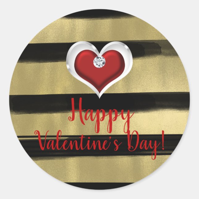 Modern Glam Black & Gold Red Heart Bling Valentine Classic Round Sticker (Front)
