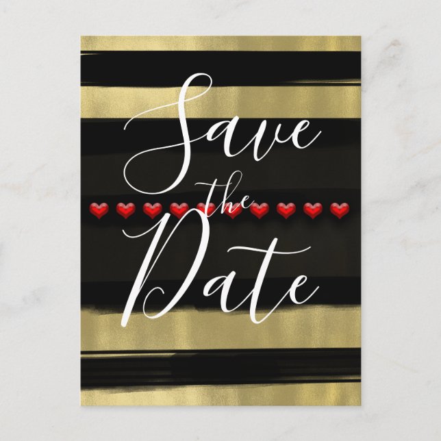 Modern Glam Black & Gold Red Hearts Save the Date Announcement Postcard (Front)