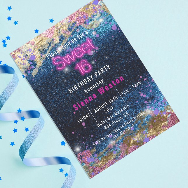 Modern Glam Blue Glitter Hot Neon Pink Sweet 16 Invitation (Creator Uploaded)