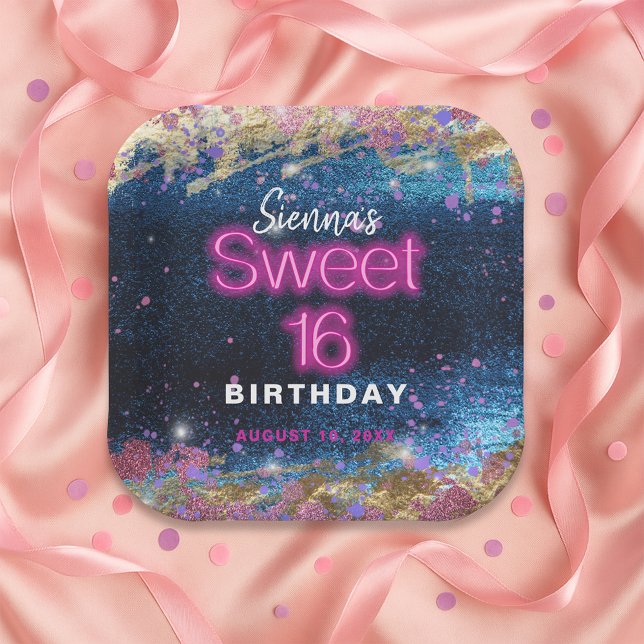 Modern Glam Blue Glitter Hot Neon Pink Sweet 16 Paper Plate (Creator Uploaded)