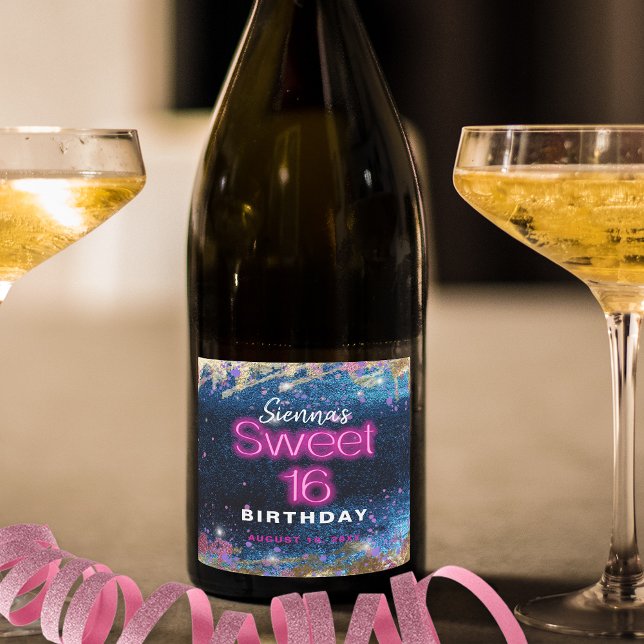 Modern Glam Blue Glitter Hot Neon Pink Sweet 16 Sparkling Wine Label (Creator Uploaded)