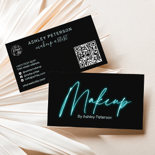 Modern glam blue neon makeup script logo qr code business card