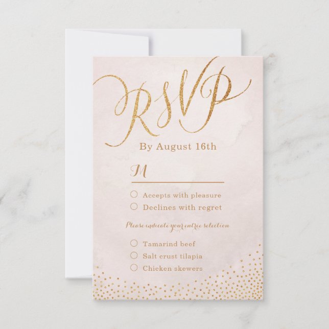 Modern glam blush rose gold calligraphy RSVP (Front)