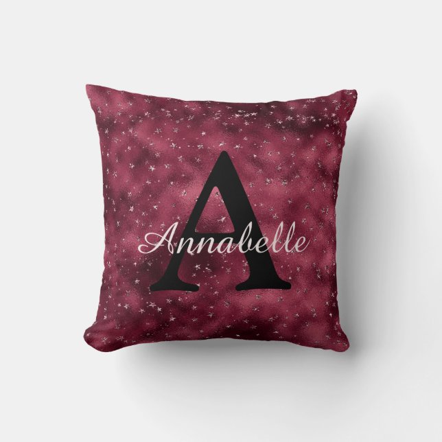 Modern Glam Burgundy Silver Sparkle Stars Monogram Cushion (Front)