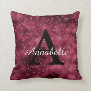 Modern Glam Burgundy Silver Sparkle Stars Monogram Cushion