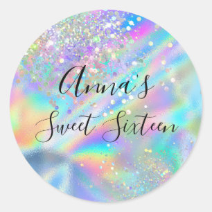 Modern Glam Faux Holographic Rainbow Sweet 16 Classic Round Sticker