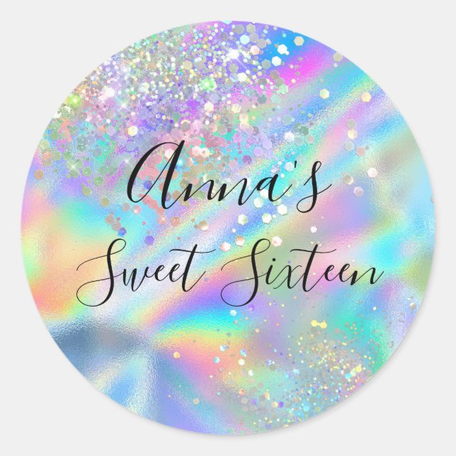 Modern Glam Faux Holographic Rainbow Sweet 16 Classic Round Sticker (Front)
