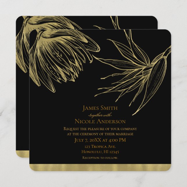 Modern Glam Gold & Black Tropical Botanical Floral Invitation (Front/Back)