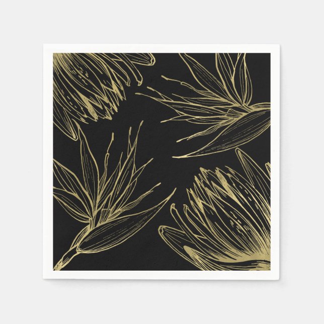 Modern Glam Gold & Black Tropical Botanical Floral Napkin (Front)