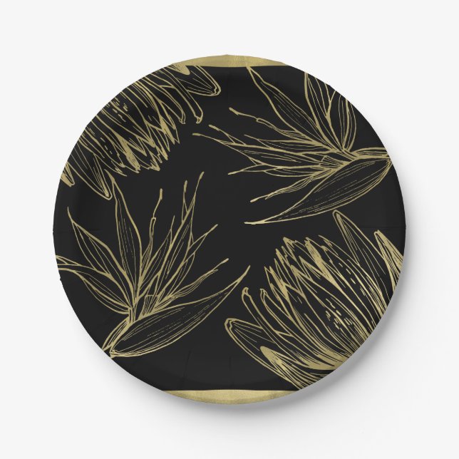 Modern Glam Gold & Black Tropical Botanical Floral Paper Plate (Front)