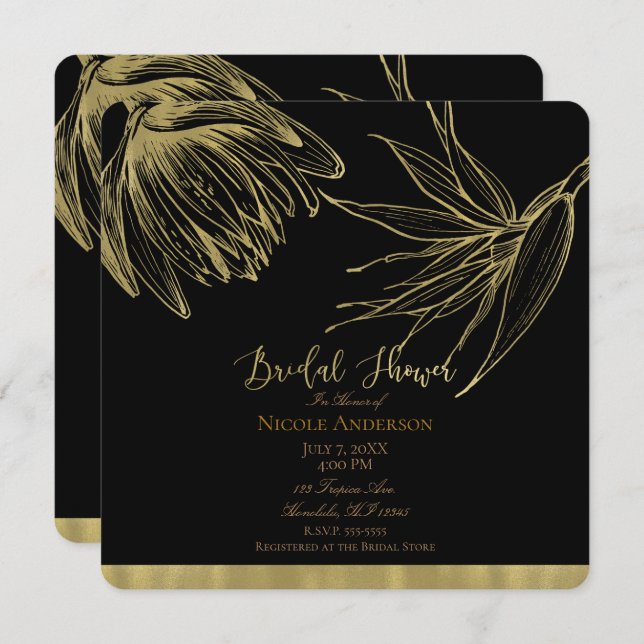 Modern Glam Gold & Black Tropical Bridal Shower Invitation (Front/Back)