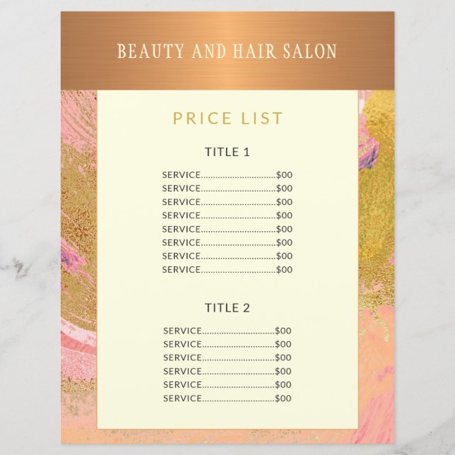 Modern glam gold blush abstract glitter pricelist (Front)