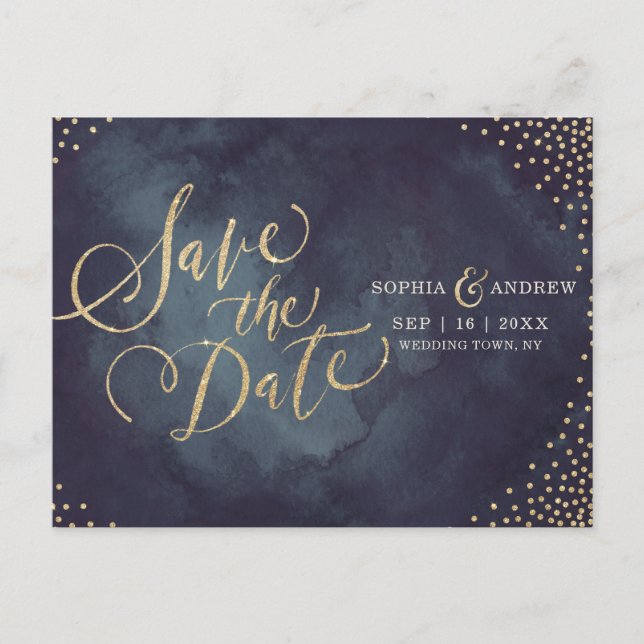 Modern glam gold glitter calligraphy save the date announcement postcard (Front)
