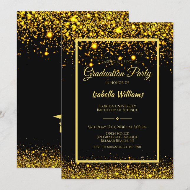 Modern Glam Gold Glitter Graduation Party Invitation (Front/Back)