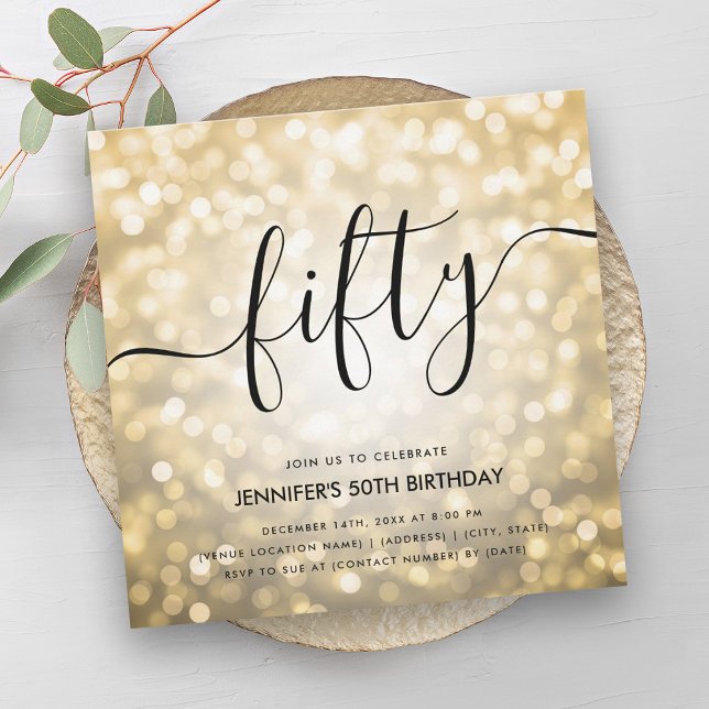 Modern Glam Gold Glitter Lights 50th Birthday  Invitation (Modern Glam Gold Glitter Lights 50th Birthday Invitation)