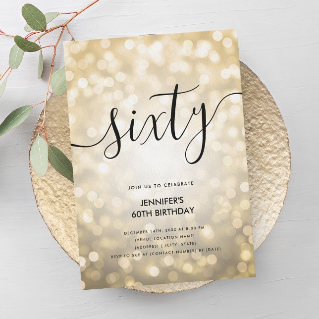 Modern Glam Gold Glitter Lights 60th Birthday  Invitation (Modern Glam Gold Glitter Lights 60th Birthday Invitation)