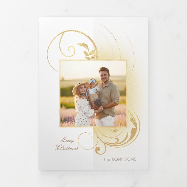 Modern Glam Gold Leafy Flourishes/Photo Tri-Fold Card (Cover)