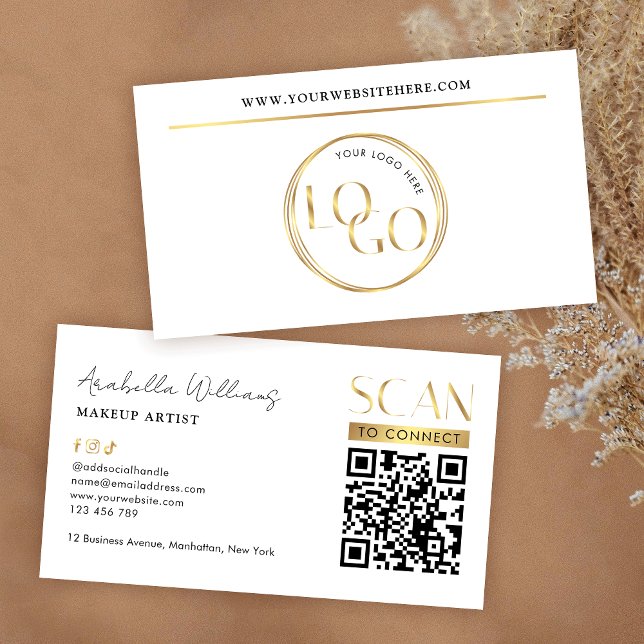Modern Glam Gold Logo Makeup Beauty Salon QR Code Business Card (Modern white and gold business cards with scannable QR code and your custom logo)