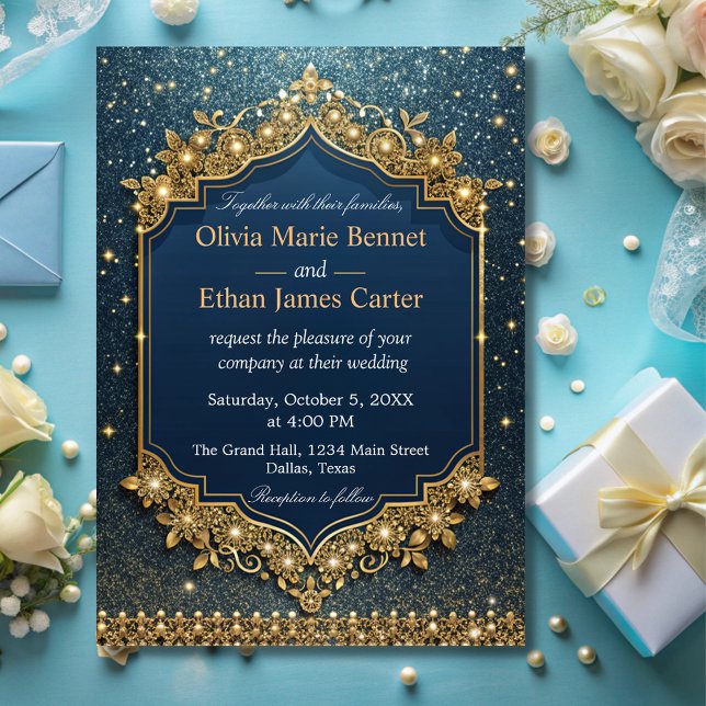 modern glam luxury blue Glitter gold chic wedding  Invitation (Creator Uploaded)